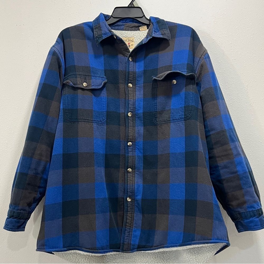 Red Head Brand Co. Mens Blue Plaid Sherpa Button Up Shacket Top Size 2XL